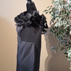 Ruffle Trim Over the Shoulder Stretch Black Cocktail Dress